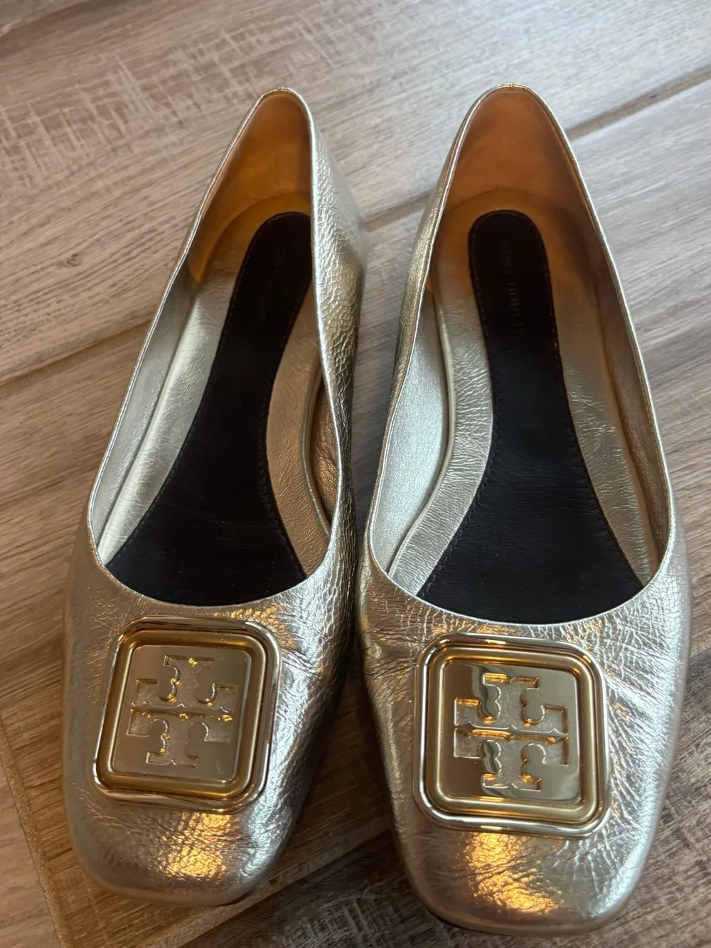 Tory Burch Georgia Metallic Gold Square-Toe Logo Ballet Flats size 8